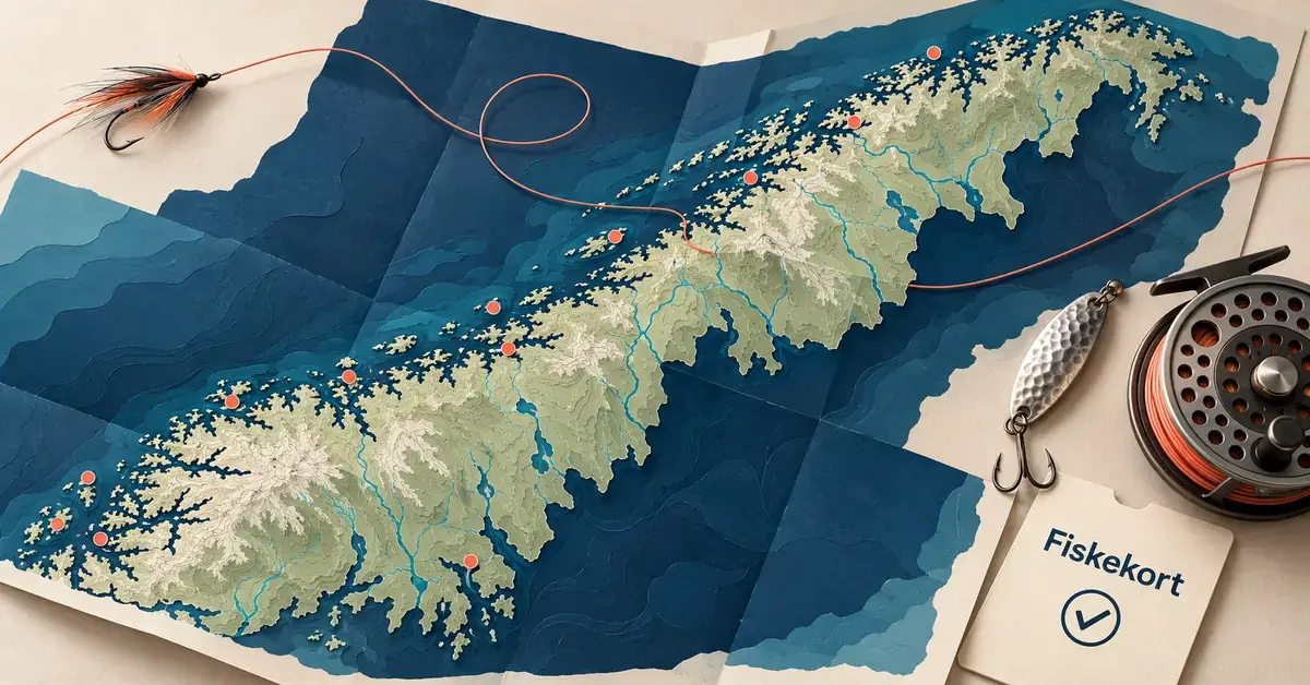 Kartinspirert illustrasjon av Norge med markerte fiskeplasser, elver, fiskeflue, sluk, fluesnelle og fiskekort.