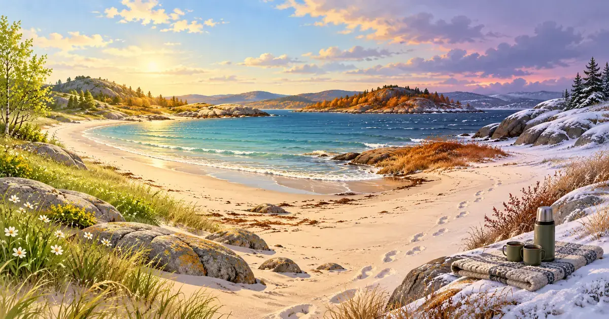 Illustrasjon av en norsk strand gjennom fire årstider, med grønne vårplanter, solfylt sommersand, høstfarger og snødekte svaberg med termos og to kopper på et ullunderlag.