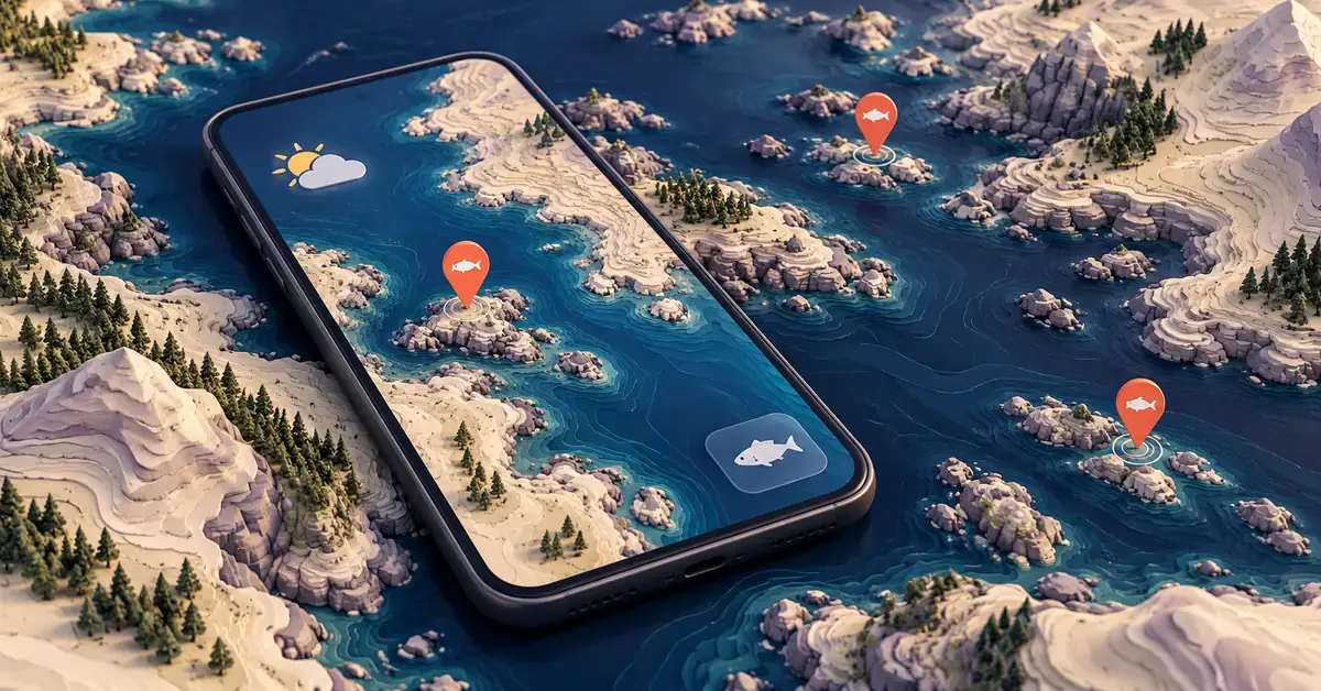 Illustrasjon av en mobil med fiskeapp der kystkartet glir over i et norsk skjærgårdslandskap med markerte fiskeplasser og et værsymbol.