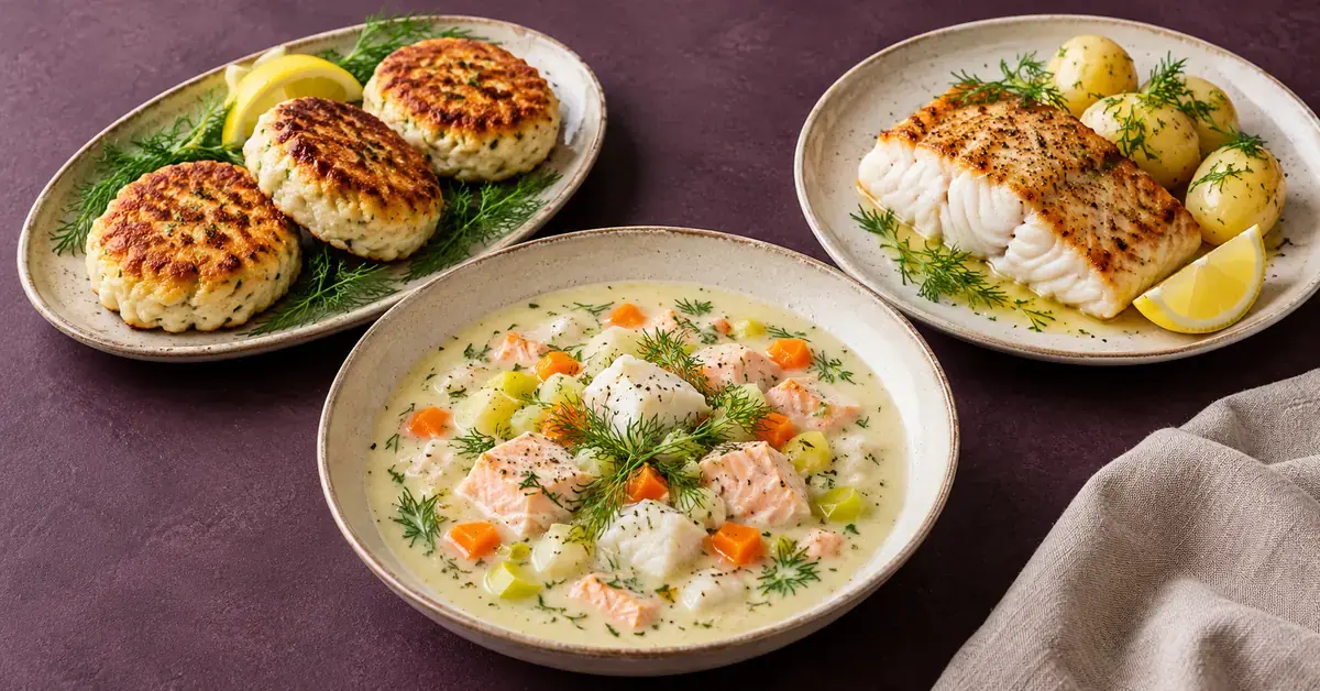 Gylne fiskekaker, stekt torsk med poteter og sitron og kremet fiskesuppe med laks, hvitfisk og dill servert på lyse keramikkfat.
