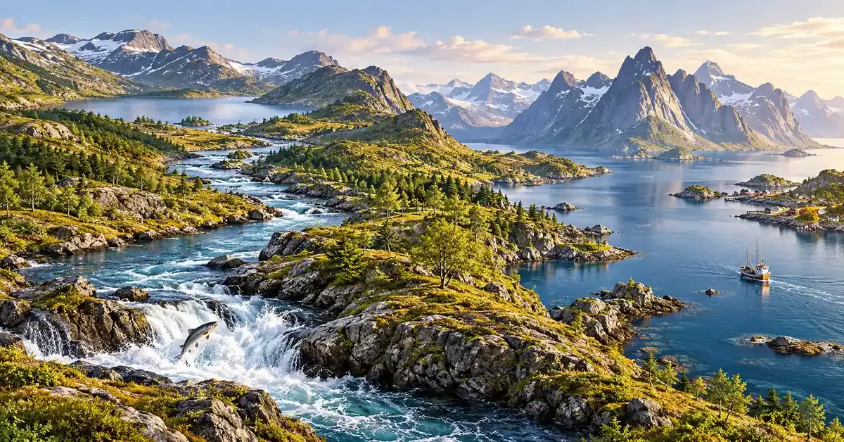 Illustrasjon av et norsk landskap med fjellvann, en laks som hopper i elva, og en fiskebåt på fjorden mellom bratte fjell.