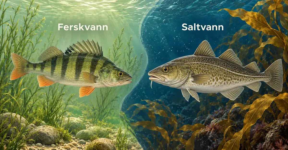 Illustrasjon av en abbor i grønt ferskvann og en torsk i blått saltvann, omgitt av henholdsvis vannplanter og tang.