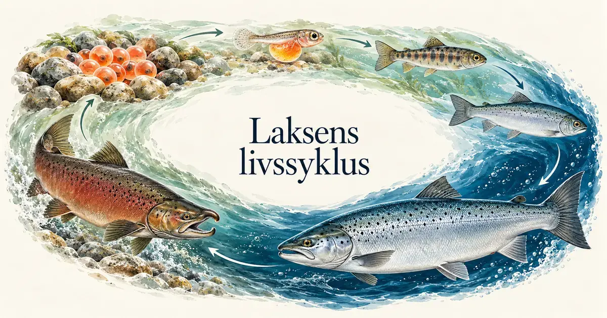 Illustrasjon av laksens livssyklus med rogn, plommesekkyngel, ungfisk, smolt, voksen laks og gytelaks i et kretsløp mellom elv og hav.