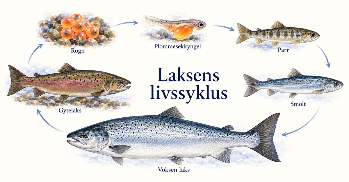 Illustrasjon av laksens livssyklus fra rogn og plommesekkyngel til parr, smolt, voksen laks og gytelaks, med piler som viser kretsløpet.