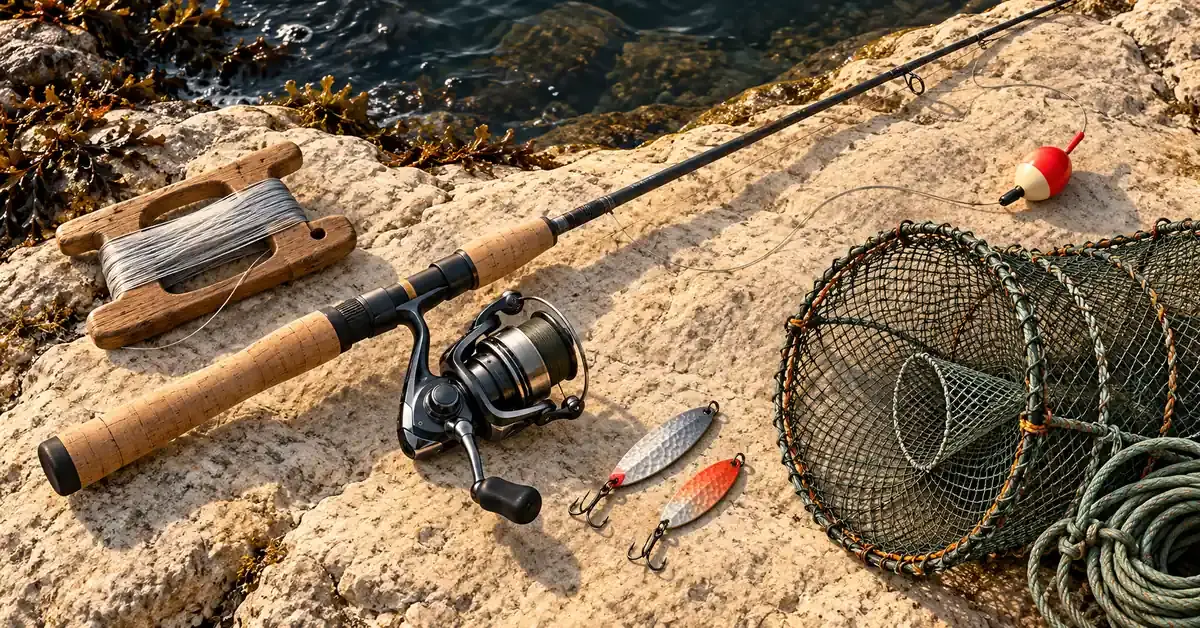 Fiskestang med snelle, håndsnøre, sluker, dupp og en teine ligger på svaberget ved sjøen og viser utstyr til ulike fiskemetoder.