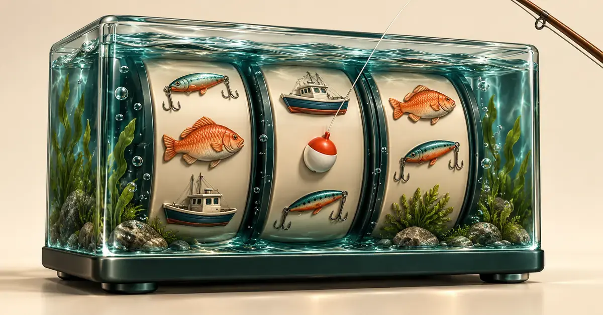 Illustrasjon av tre spillehjul i et akvarium med symboler av fisk, fiskebåter, sluker og en dupp.