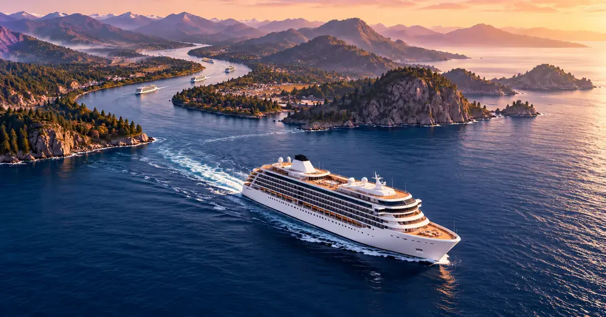 Illustrasjon av fire elvebåter på en svingete elv og et stort cruiseskip på åpent hav, som symboliserer utviklingen av Torstein Hagens cruiserederi Viking.