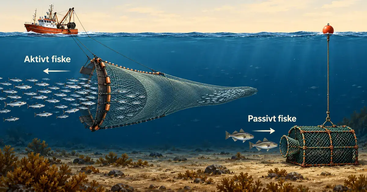 Illustrasjon av aktivt fiske med en trål som trekkes etter en fiskebåt, og passivt fiske med fisk som svømmer mot en faststående teine på havbunnen.