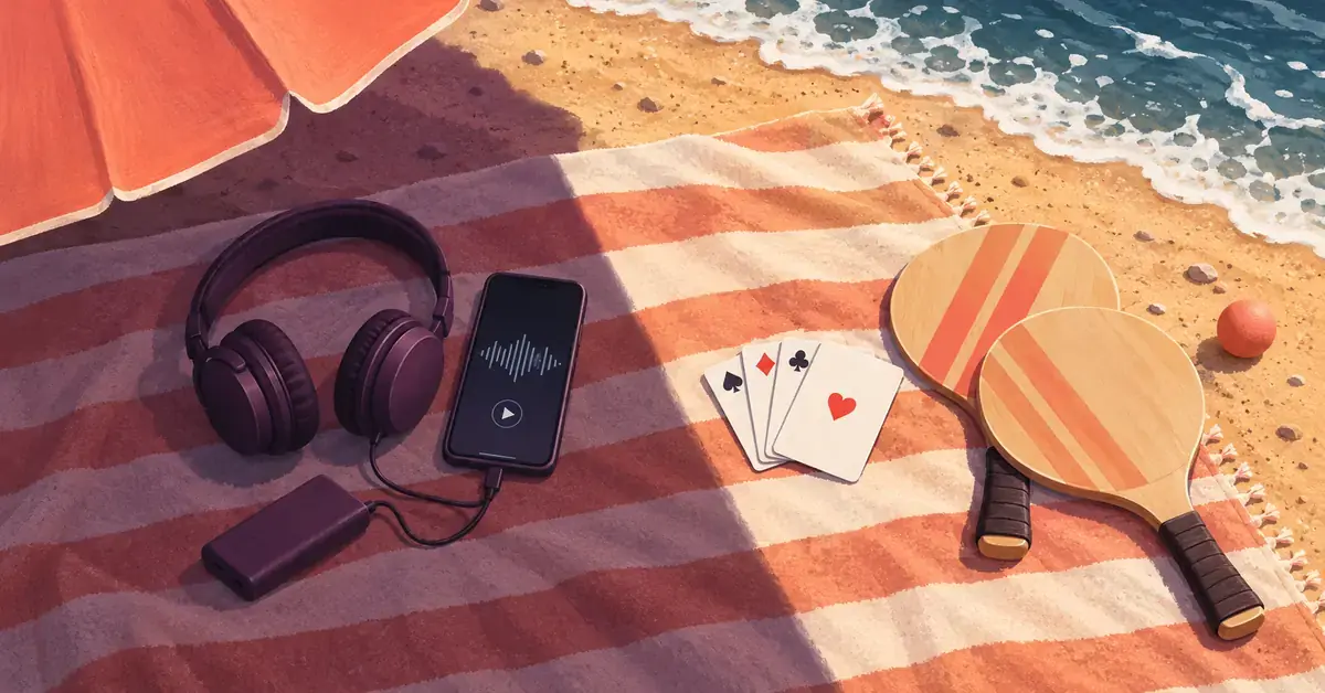 Mobil, hodetelefoner og powerbank ligger i parasollskyggen på et strandteppe, mens spillkort, strandracketer og en ball ligger i sola ved sjøen.